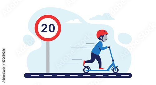 Young Boy Rides Scooter Safely with Helmet Near 20 Speed Limit Sign