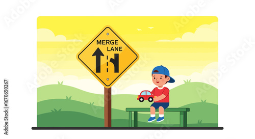Young Boy Sits Near Merge Lane Sign Enjoying His Toy Car