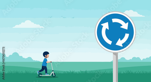 Young Boy Riding Scooter Near Roundabout Road Sign On Green Field