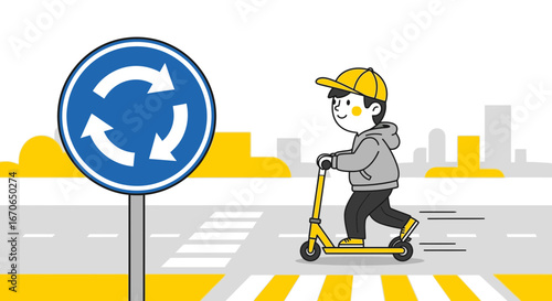 Young Boy Riding Yellow Scooter Near Roundabout Street Safety Sign