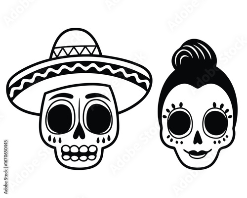Stylized Mexican Skulls with Sombrero and Floral Accents on White Background sugar skull dia de los muertos
