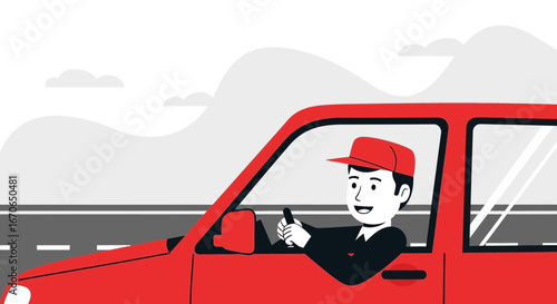 Young Driver In Red Car Enjoying A Scenic Road Trip Adventure