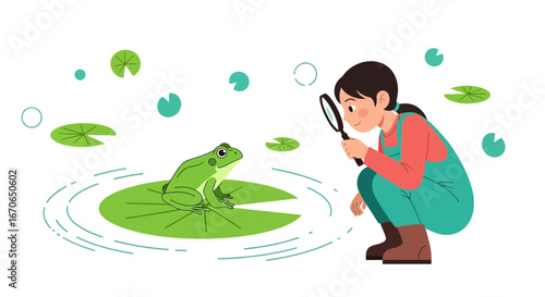 Young Explorer Examining Green Frog On Lily Pad With Magnifying Glass Outdoor