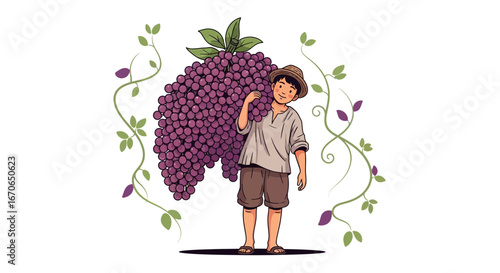 Young Farmer Carrying A Huge Bunch Of Grapes In A Vineyard Illustration