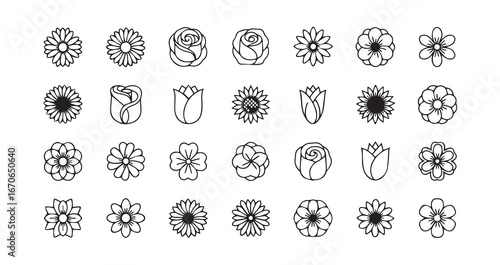 Flower head line art icon bundle illustration