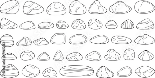 Collection of hand drawn smooth river stones and pebbles in a variety of shapes