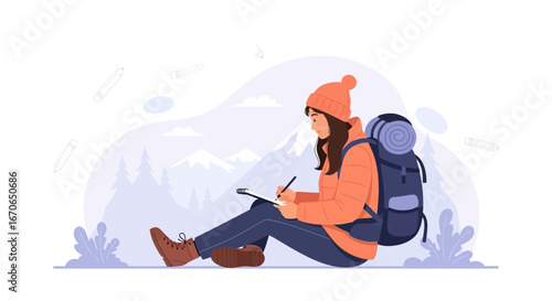 Young Female Hiker Taking Notes and Drawing Enjoys The Scenery In Nature