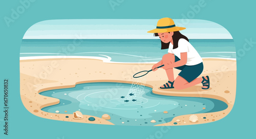 Young Girl Enjoying Summer Vacation Catching Fish at Beach With Net