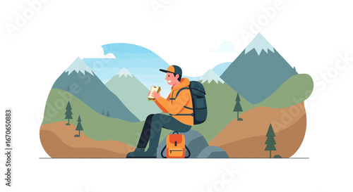 Young Hiker Enjoying Meal Against Scenic Mountain Backdrop During Hike
