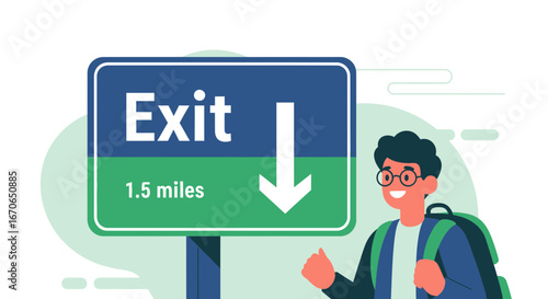 Young Hiker Approaching Exit Sign On The Road While Traveling Outdoors
