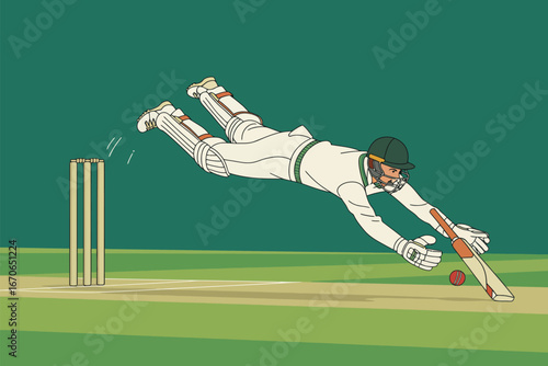 A cricket player diving to catch the ball near the wickets with bat on a green field illustration