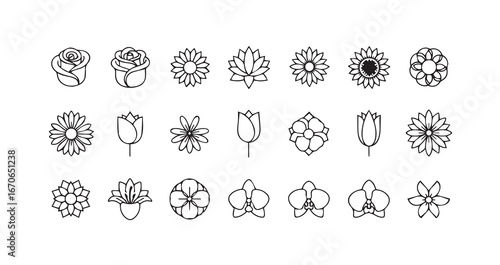 Flower head line art icon bundle illustration