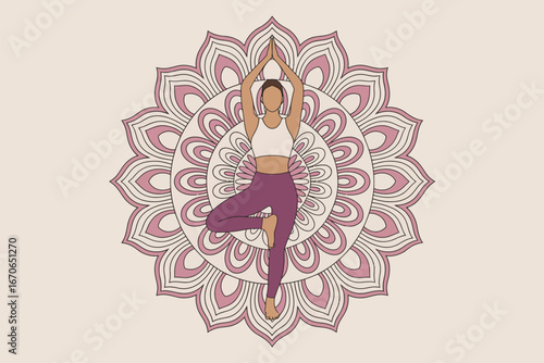 Woman in tree pose yoga with hands raised against decorative mandala background illustration art work