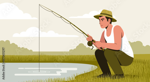 Young Man Enjoying Leisurely Fishing Activity Near Picturesque Lakeside Scene