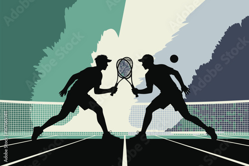 Silhouette of two tennis players facing each other on a court with rackets and a ball in the air ready to serve