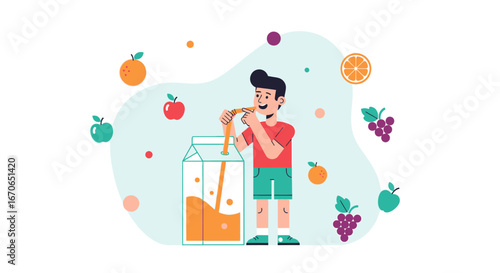 Young Man Enjoys Refreshing Orange Juice Surrounded by Various Colorful Fruits