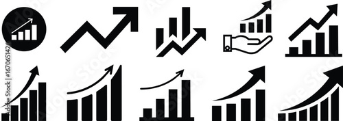 Growth icon set. Containing performance, gain, improvement, grow, chart, increase, evolution and development icons. Solid icon collection. Vector illustration.
