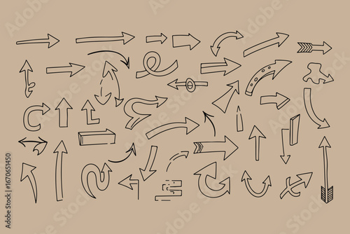 A diverse collection of hand drawn arrows in various styles and directions sketched on a textured brown background offering a versatile graphic element for design projects