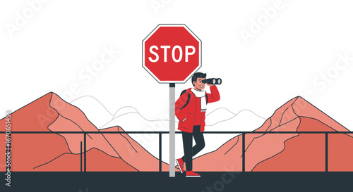 Young Man Explores Mountain Landscape With Binoculars Despite Stop Sign