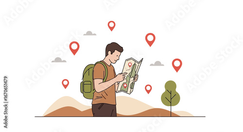 Young Man Exploring Nature with Map Planning Route Adventure Hiking