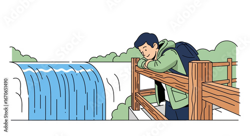 Young Man Exploring Waterfall Vector Illustration In A Modern Style