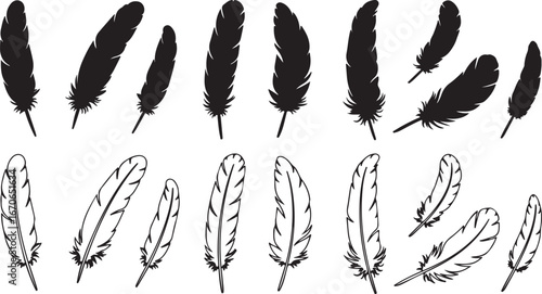 Collection of black and white feather silhouettes and line drawings