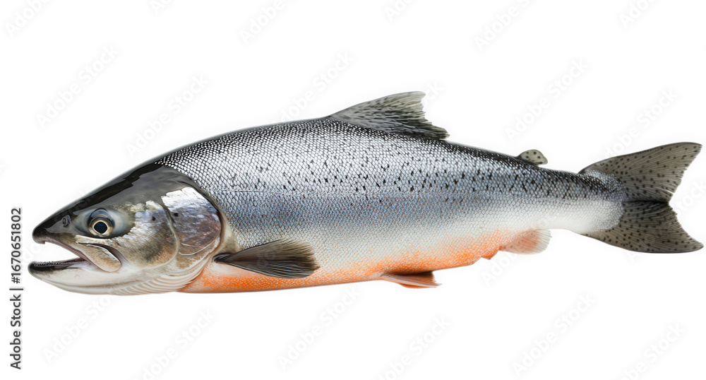 Naklejka premium A fresh salmon fish with silver scales and orange fins, isolated on transparent background