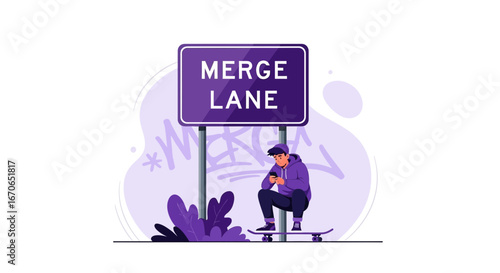 Young Man On Skateboard Near Merge Lane Sign Checking Smartphone