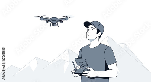 Young Man Operating Drone In Mountain Landscape For Aerial Photography