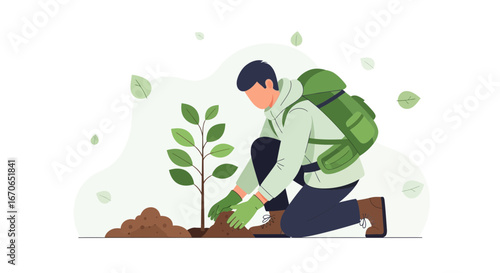 Young Man Planting New Tree With Backpack For Environment Protection