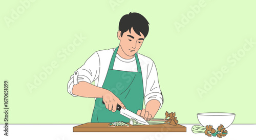 Young Man Preparing Fresh Healthy Vegan Food In The Kitchen Illustration