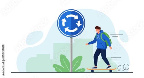 Young Man Riding Skateboard Past Roundabout Sign In Urban Landscape Scene