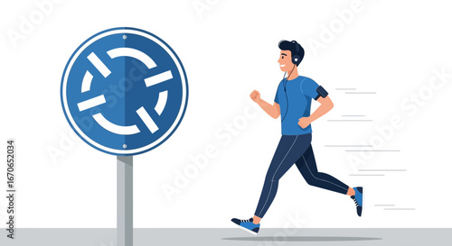 Young Man Running With Music In The City Past Roundabout Road Sign
