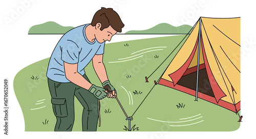 Young Man Setting Up a Tent on Campground for Weekend Outdoor Adventure