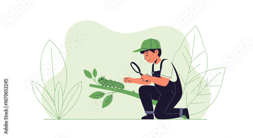 Young Naturalist Examining Caterpillar With Magnifying Glass In Lush Green Setting