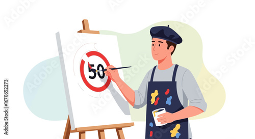 Young Painter Working on the Canvas Drawing Speed Limit Sign Symbol