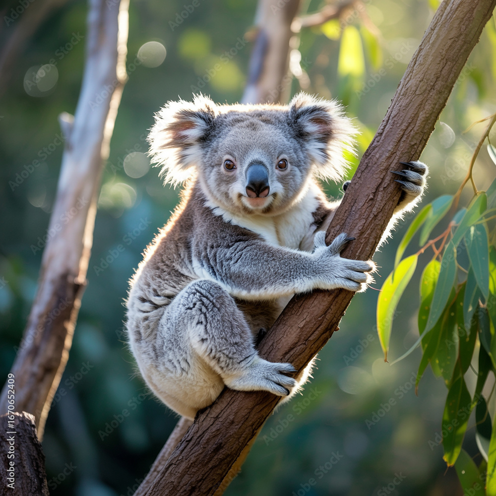 Naklejka premium Koala clinging to a tree branch in sunlight marsupial