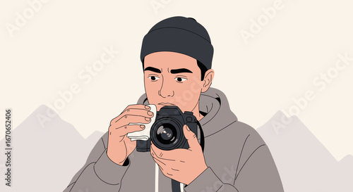 Young Photographer Carefully Cleaning Camera Lens Outdoors In Natural Environment