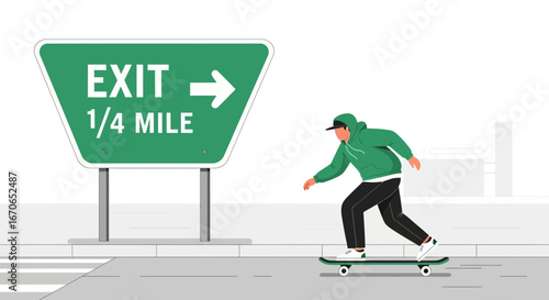 Young Skateboarder Exiting The City On A Sunny Day And Finding Freedom