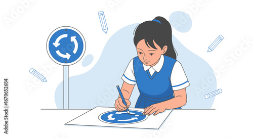 Young Student Drawing A Roundabout Sign With Pencils Floating In The Background