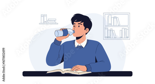 Young Student Drinks Water While Studying With Book In Library Interior