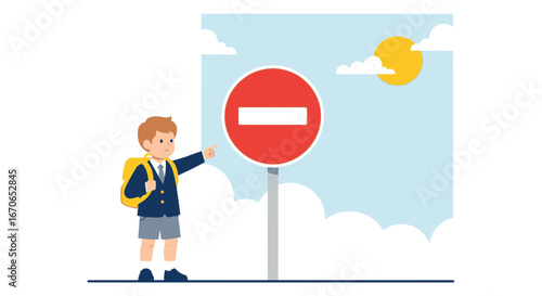 Young Student Points To Do Not Enter Symbol Under A Sunny Sky Scene