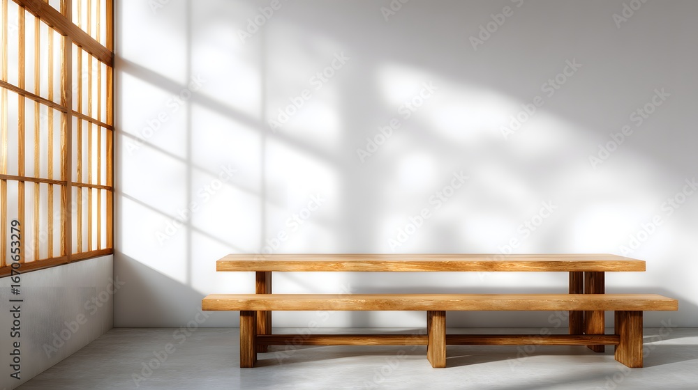 Fototapeta premium A simple wooden dining set casts elegant shadows on a white wall, lit by natural light filtering through a corner window.