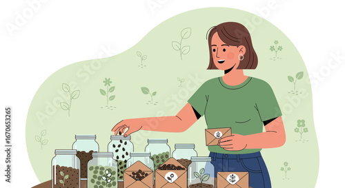 Young Woman Carefully Preparing Seeds For Planting From Various Jars