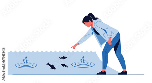Young Woman Enjoying A Serene Moment Of Observation At A Tranquil Fish Pond