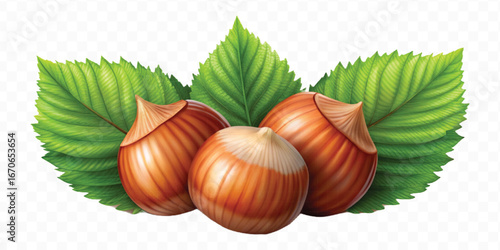 realistic 3d three hazelnuts with green leaves in different style isolated on transparent background