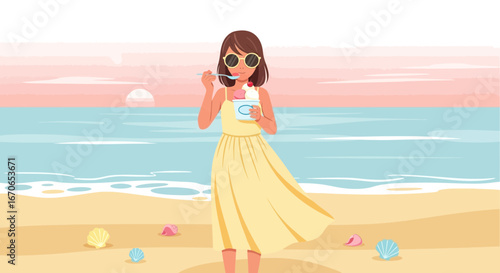Young Woman Enjoys Ice Cream on Beach with Pastel Horizon During Summer Vacation
