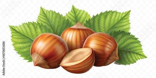 realistic 3d three hazelnuts with green leaves in different style isolated on transparent background
