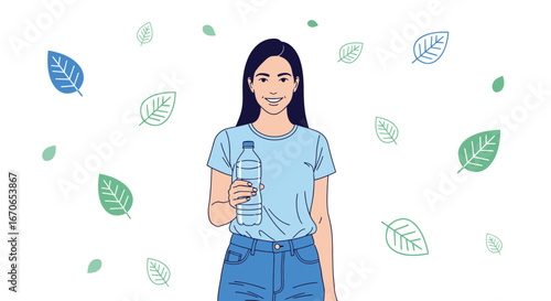 Young Woman Holds Recycled Bottle Surrounded By Leaves Promoting Sustainability