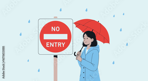 Young Woman In Rainy Weather Stands Near A No Entry Signage Illustration